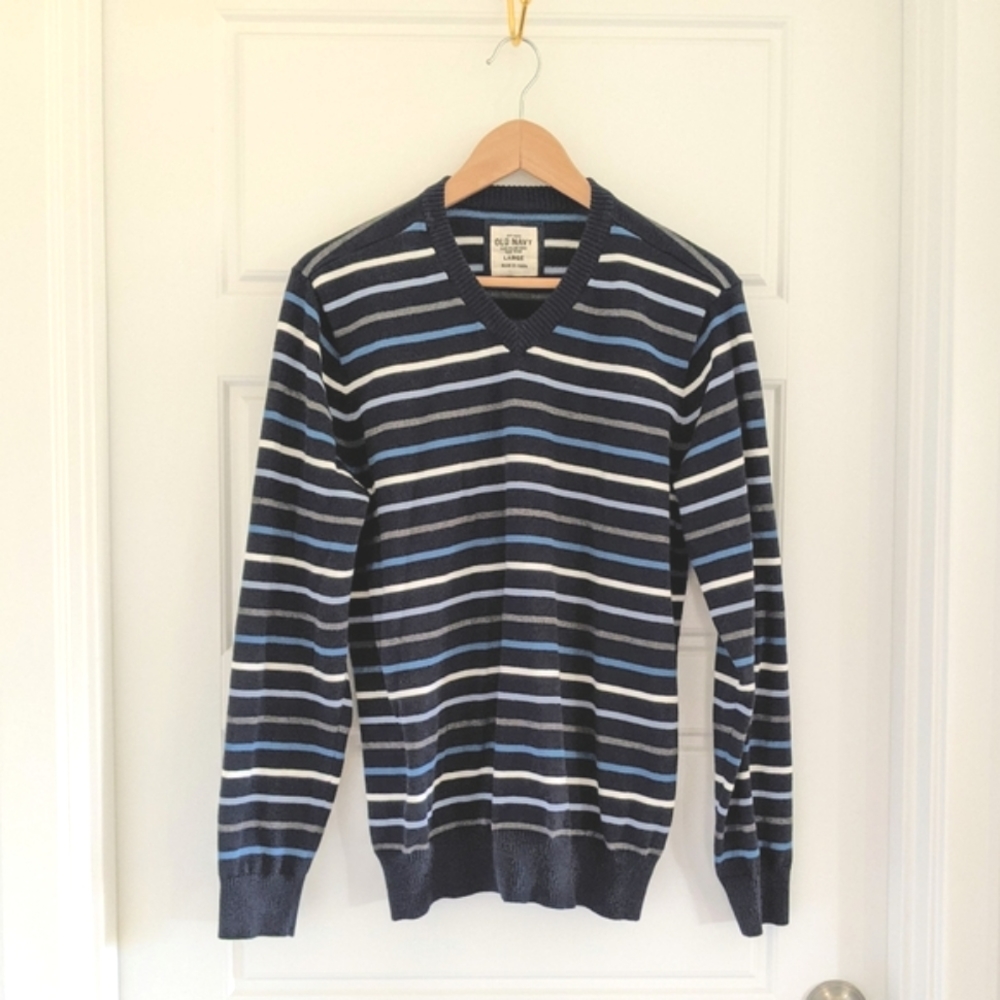 Men's Pullover Long Sleeve Striped V Neck Sweater Blue Tan Gray Sz L